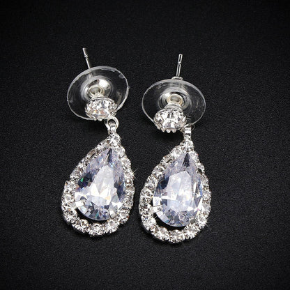 Bride Jewelry Set Silver Crystal Wedding Necklace Earrings Bridal Rhinestone Teardrop Pendant Accessories for Women and Bridesmaids (3 Piece Set - 2 Earrings and 1 Necklace)