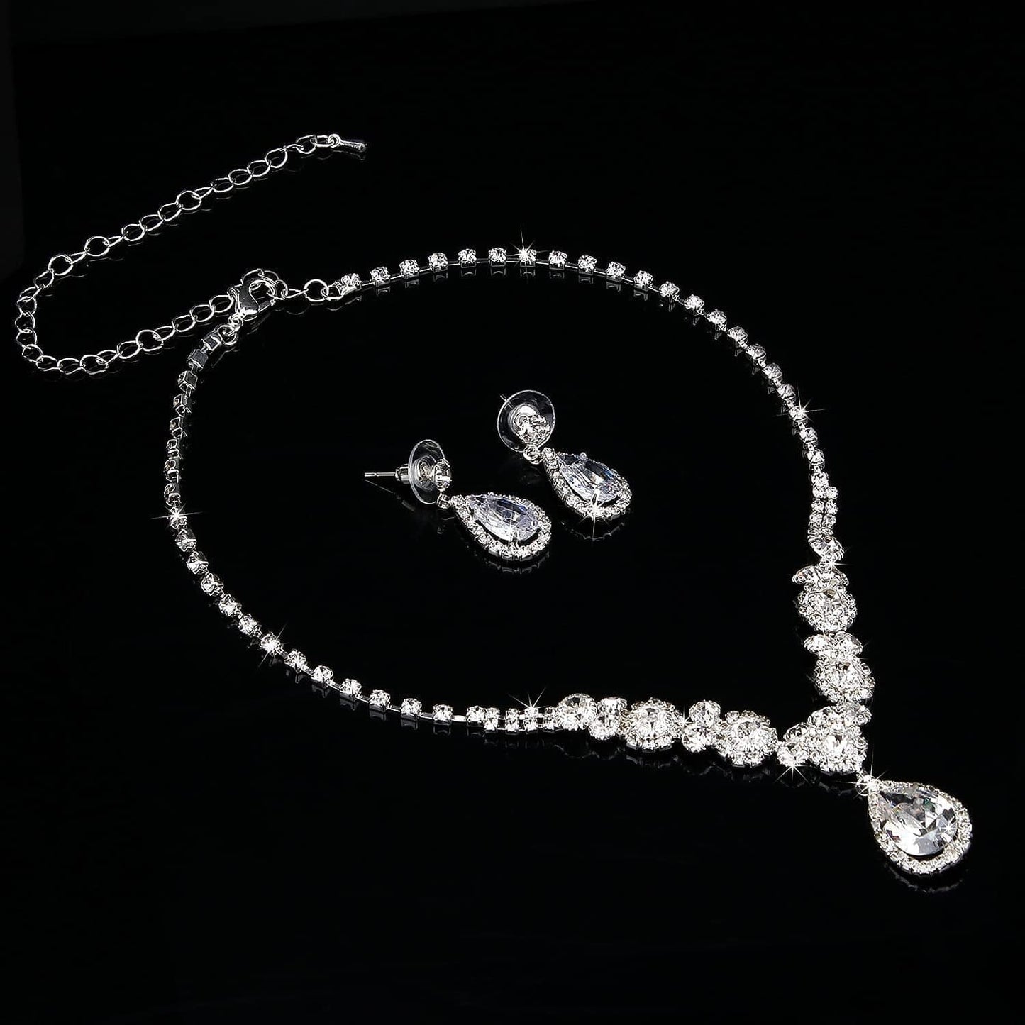 Bride Jewelry Set Silver Crystal Wedding Necklace Earrings Bridal Rhinestone Teardrop Pendant Accessories for Women and Bridesmaids (3 Piece Set - 2 Earrings and 1 Necklace)
