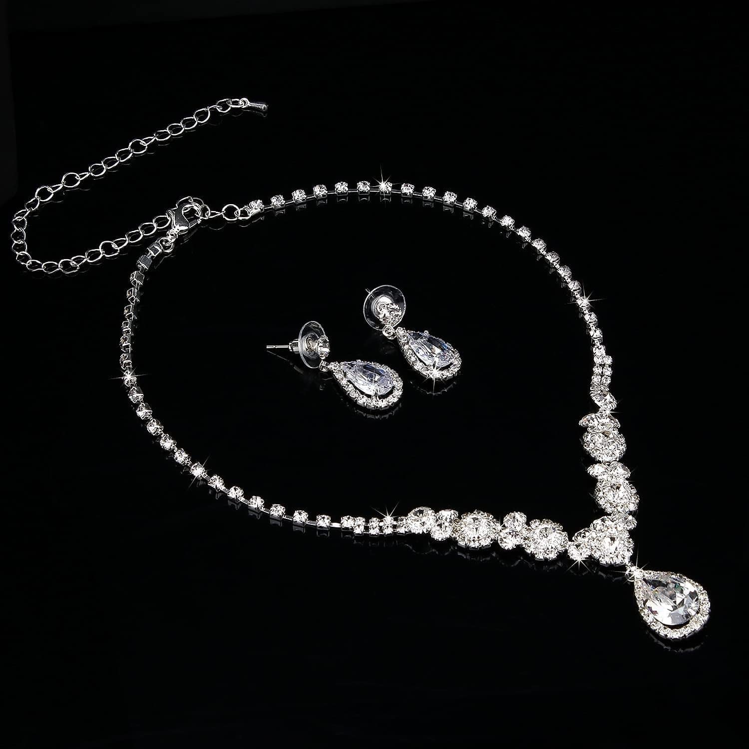Bride Jewelry Set Silver Crystal Wedding Necklace Earrings Bridal Rhinestone Teardrop Pendant Accessories for Women and Bridesmaids (3 Piece Set - 2 Earrings and 1 Necklace)