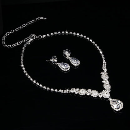 Bride Jewelry Set Silver Crystal Wedding Necklace Earrings Bridal Rhinestone Teardrop Pendant Accessories for Women and Bridesmaids (3 Piece Set - 2 Earrings and 1 Necklace)