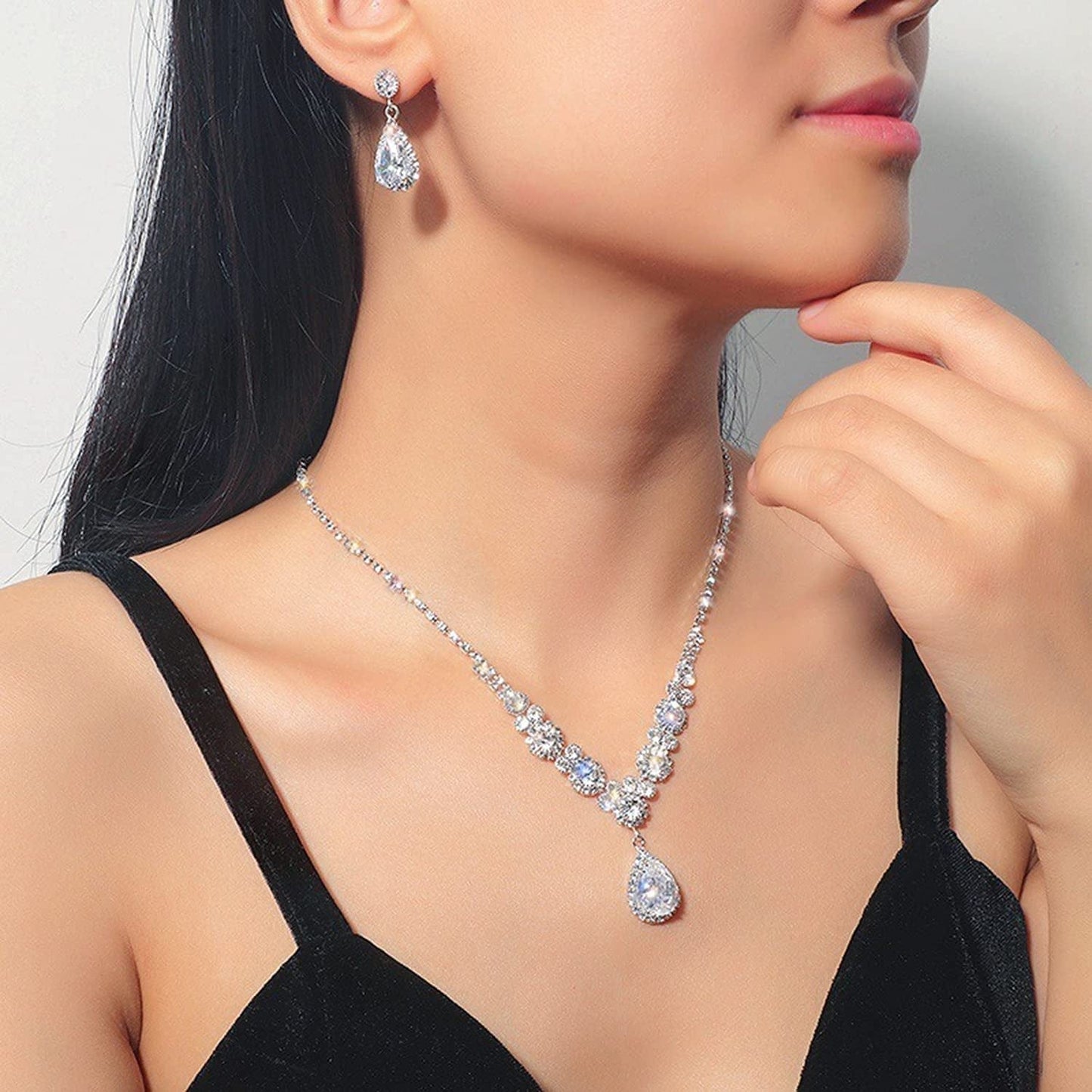 Bride Jewelry Set Silver Crystal Wedding Necklace Earrings Bridal Rhinestone Teardrop Pendant Accessories for Women and Bridesmaids (3 Piece Set - 2 Earrings and 1 Necklace)