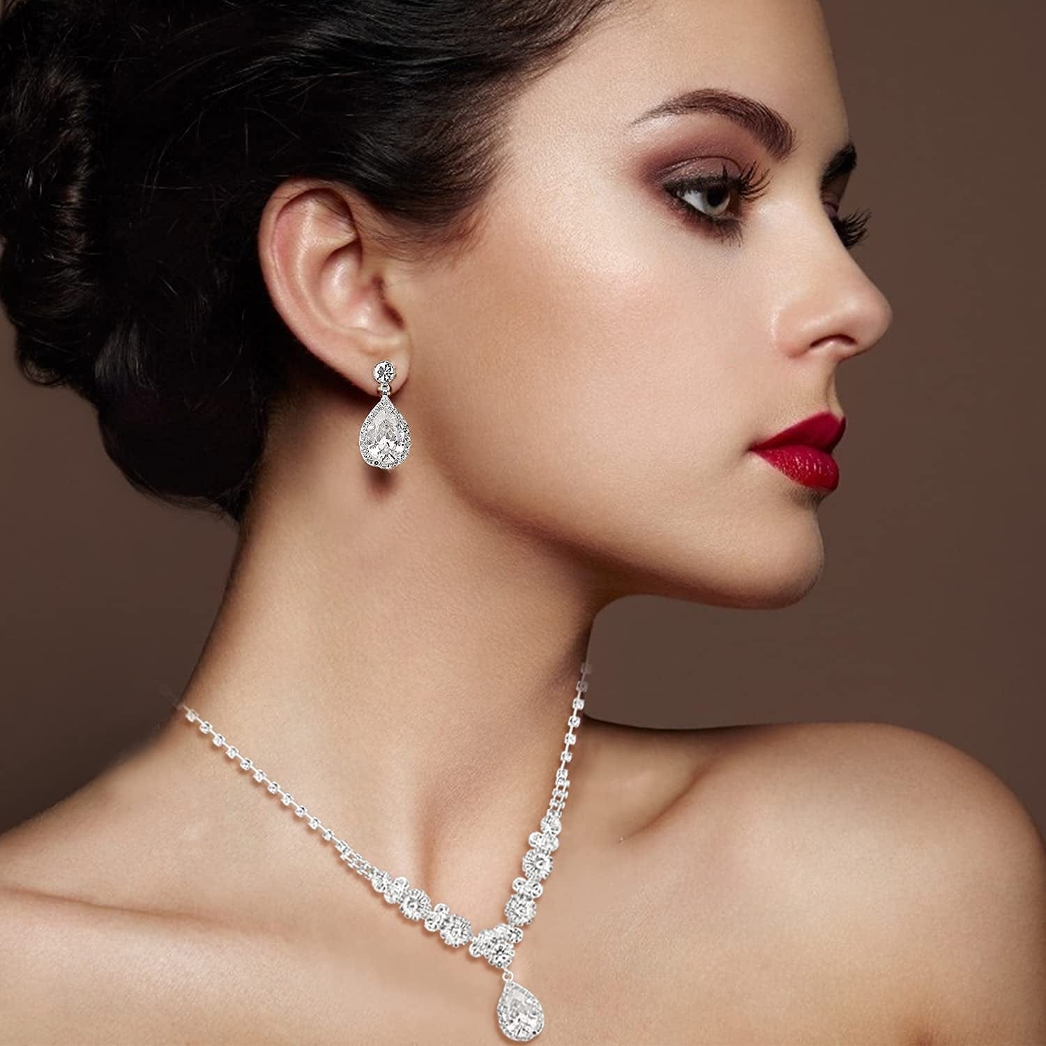 Bride Jewelry Set Silver Crystal Wedding Necklace Earrings Bridal Rhinestone Teardrop Pendant Accessories for Women and Bridesmaids (3 Piece Set - 2 Earrings and 1 Necklace)