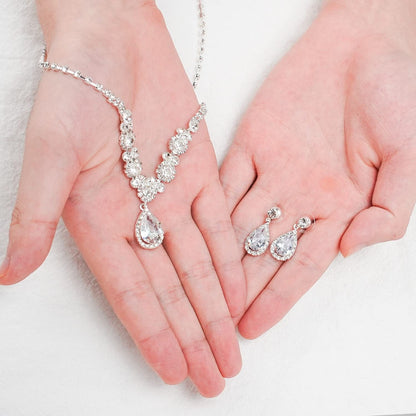 Bride Jewelry Set Silver Crystal Wedding Necklace Earrings Bridal Rhinestone Teardrop Pendant Accessories for Women and Bridesmaids (3 Piece Set - 2 Earrings and 1 Necklace)