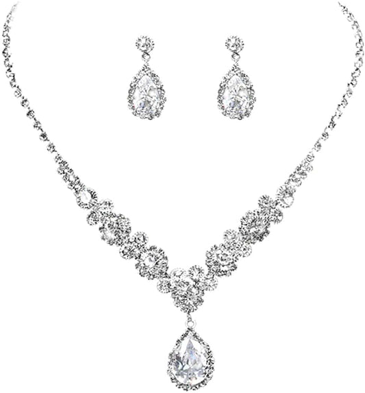 Bride Jewelry Set Silver Crystal Wedding Necklace Earrings Bridal Rhinestone Teardrop Pendant Accessories for Women and Bridesmaids (3 Piece Set - 2 Earrings and 1 Necklace) style 165