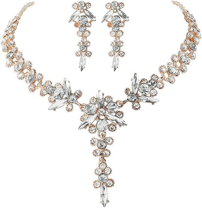 Bride Necklace Earrings Set Crystal Bridal Wedding Jewelry Sets Rhinestone Choker Necklace Prom Costume Jewelry for Women and Girls H- Gold Plated - Silver