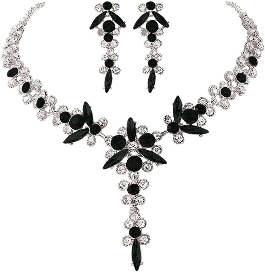 Bride Necklace Earrings Set Crystal Bridal Wedding Jewelry Sets Rhinestone Choker Necklace Prom Costume Jewelry for Women and Girls H- Silver Plated - Black