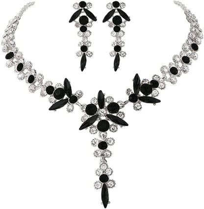 Bride Necklace Earrings Set Crystal Bridal Wedding Jewelry Sets Rhinestone Choker Necklace Prom Costume Jewelry for Women and Girls H- Silver Plated - Black