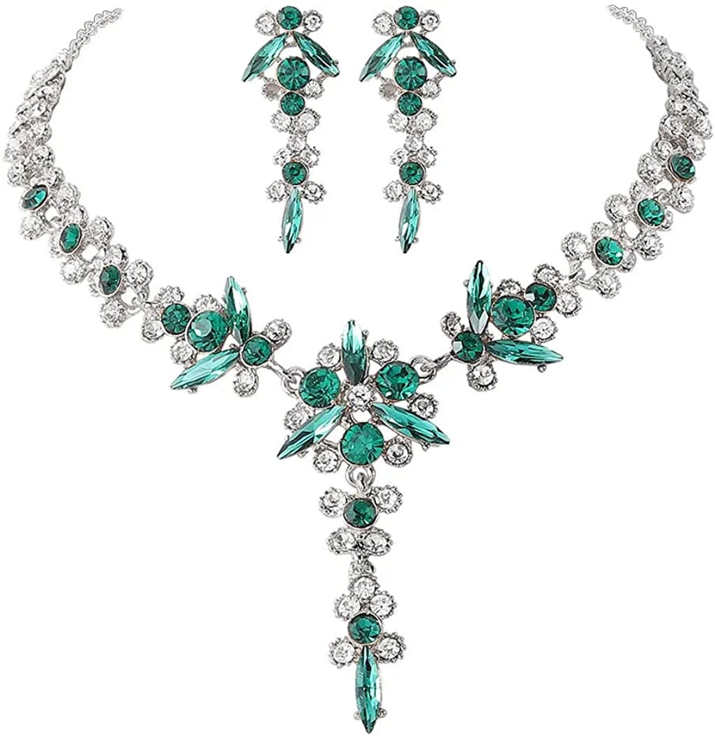 Bride Necklace Earrings Set Crystal Bridal Wedding Jewelry Sets Rhinestone Choker Necklace Prom Costume Jewelry for Women and Girls H- Silver Plated - Green