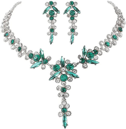 Bride Necklace Earrings Set Crystal Bridal Wedding Jewelry Sets Rhinestone Choker Necklace Prom Costume Jewelry for Women and Girls H- Silver Plated - Green