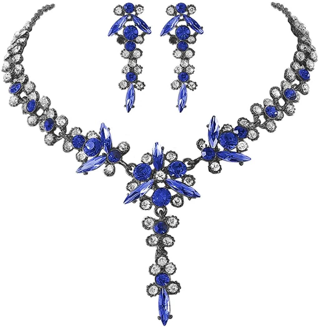 Bride Necklace Earrings Set Crystal Bridal Wedding Jewelry Sets Rhinestone Choker Necklace Prom Costume Jewelry for Women and Girls H- Black Plated - Blue