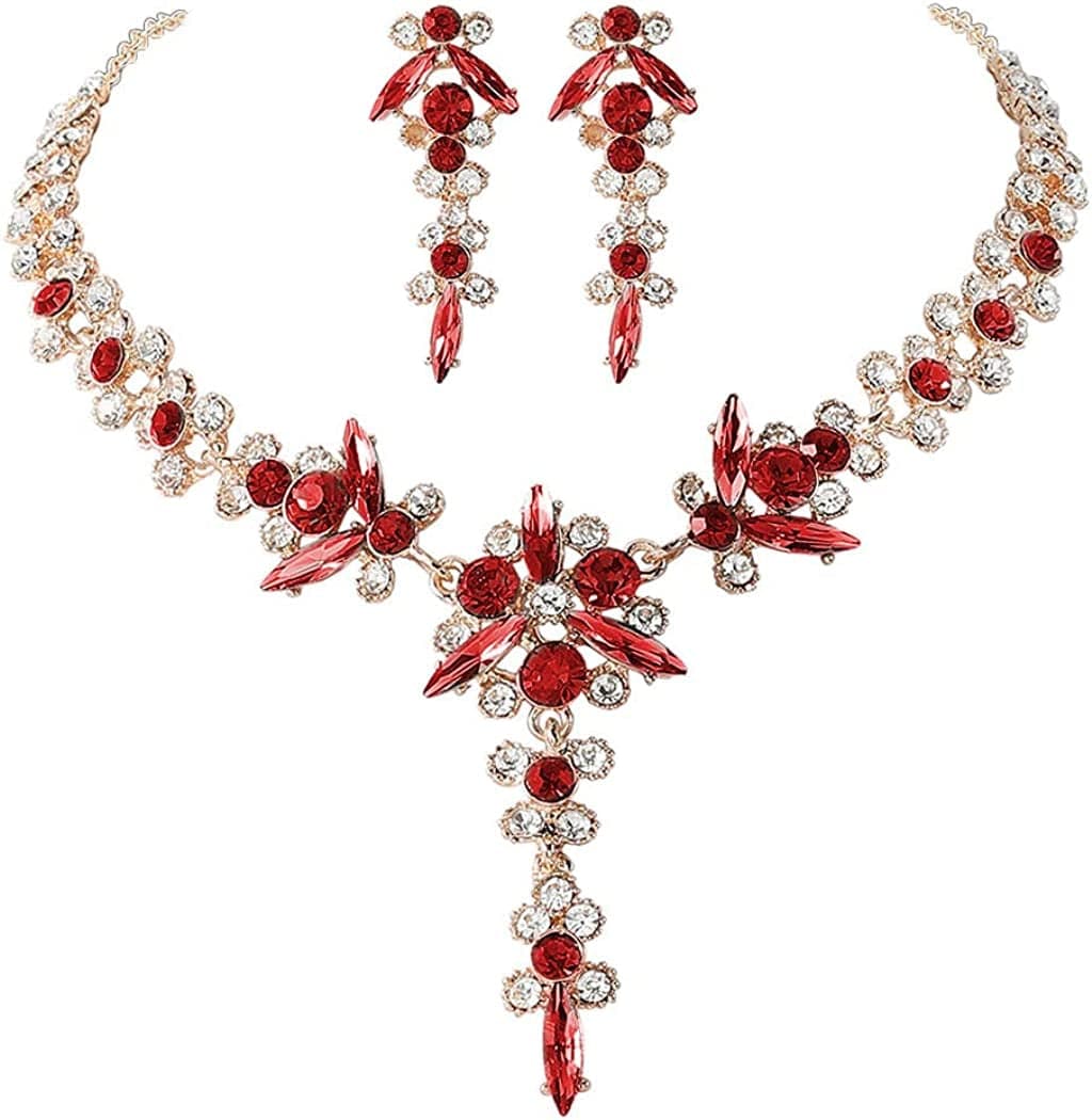 Bride Necklace Earrings Set Crystal Bridal Wedding Jewelry Sets Rhinestone Choker Necklace Prom Costume Jewelry for Women and Girls H- Gold Plated - Red