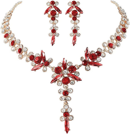 Bride Necklace Earrings Set Crystal Bridal Wedding Jewelry Sets Rhinestone Choker Necklace Prom Costume Jewelry for Women and Girls H- Gold Plated - Red