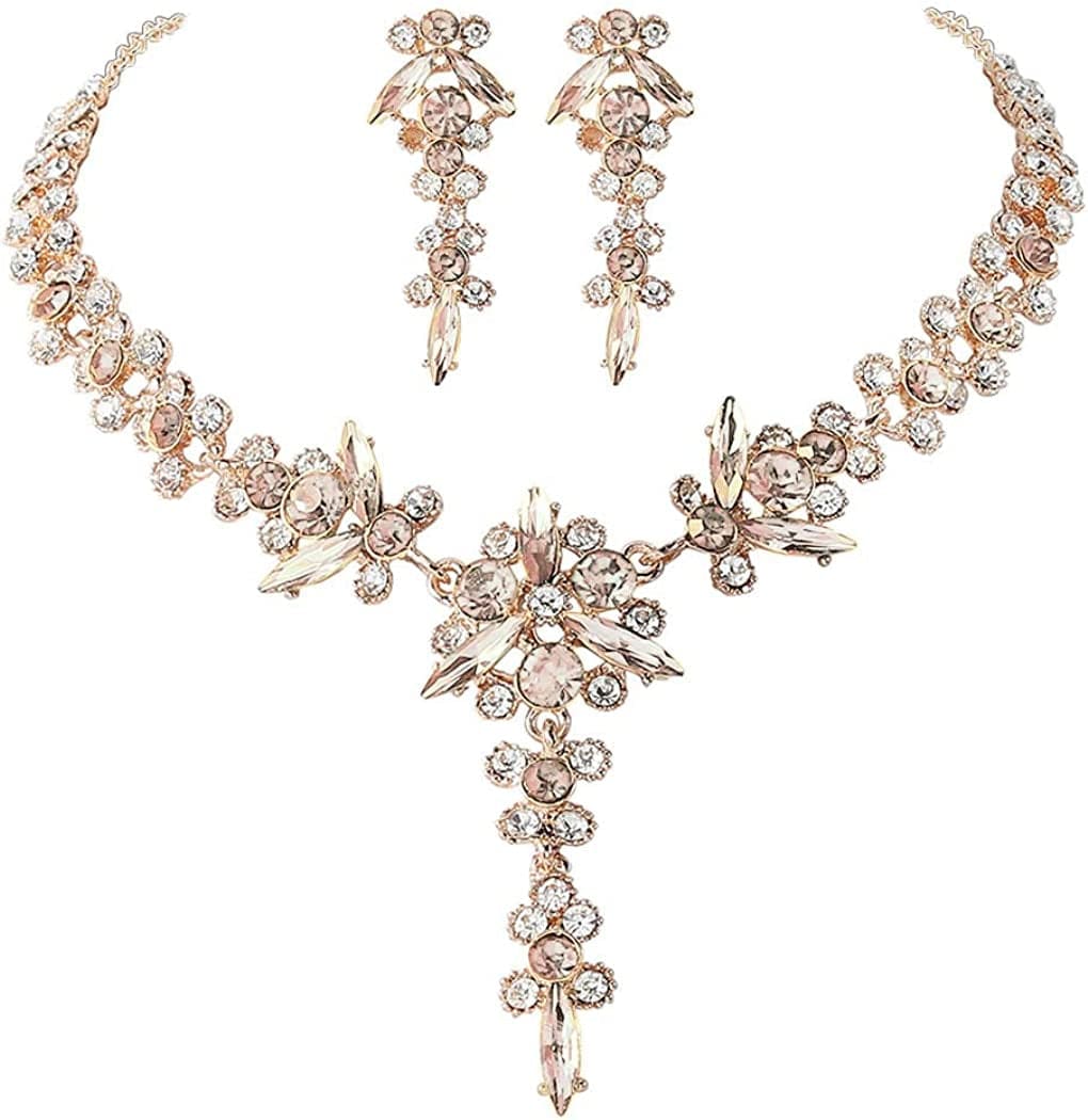Bride Necklace Earrings Set Crystal Bridal Wedding Jewelry Sets Rhinestone Choker Necklace Prom Costume Jewelry for Women and Girls H- Gold Plated - Champagne