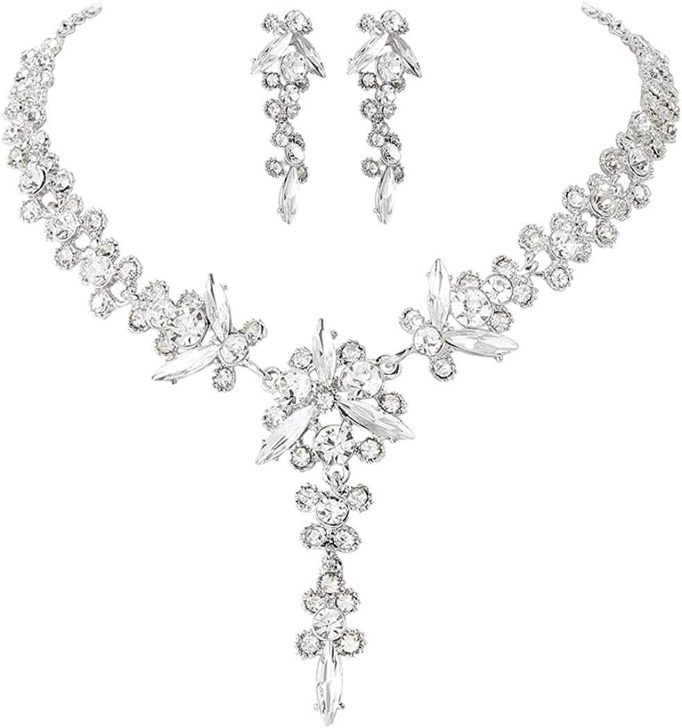 Bride Necklace Earrings Set Crystal Bridal Wedding Jewelry Sets Rhinestone Choker Necklace Prom Costume Jewelry for Women and Girls A-Silver