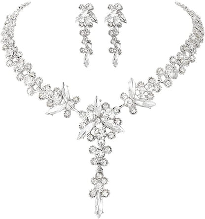 Bride Necklace Earrings Set Crystal Bridal Wedding Jewelry Sets Rhinestone Choker Necklace Prom Costume Jewelry for Women and Girls A-Silver