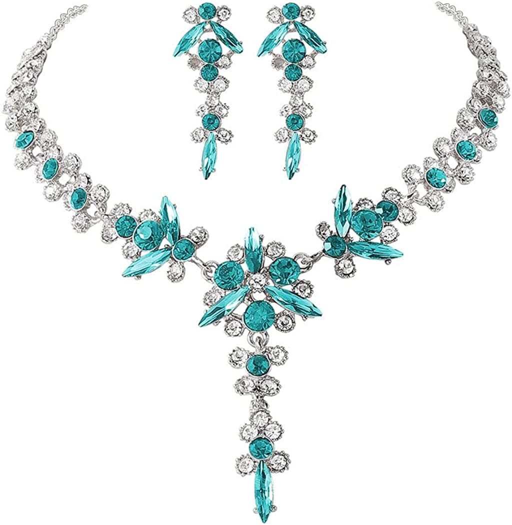 Bride Necklace Earrings Set Crystal Bridal Wedding Jewelry Sets Rhinestone Choker Necklace Prom Costume Jewelry for Women and Girls H- Silver Plated - Sky Blue