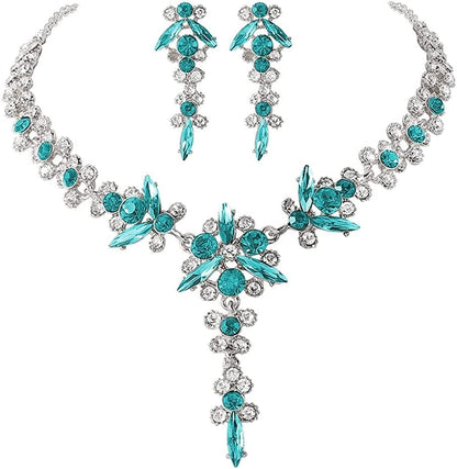 Bride Necklace Earrings Set Crystal Bridal Wedding Jewelry Sets Rhinestone Choker Necklace Prom Costume Jewelry for Women and Girls H- Silver Plated - Sky Blue