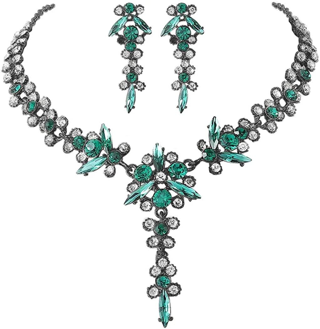 Bride Necklace Earrings Set Crystal Bridal Wedding Jewelry Sets Rhinestone Choker Necklace Prom Costume Jewelry for Women and Girls H- Black Plated - Green