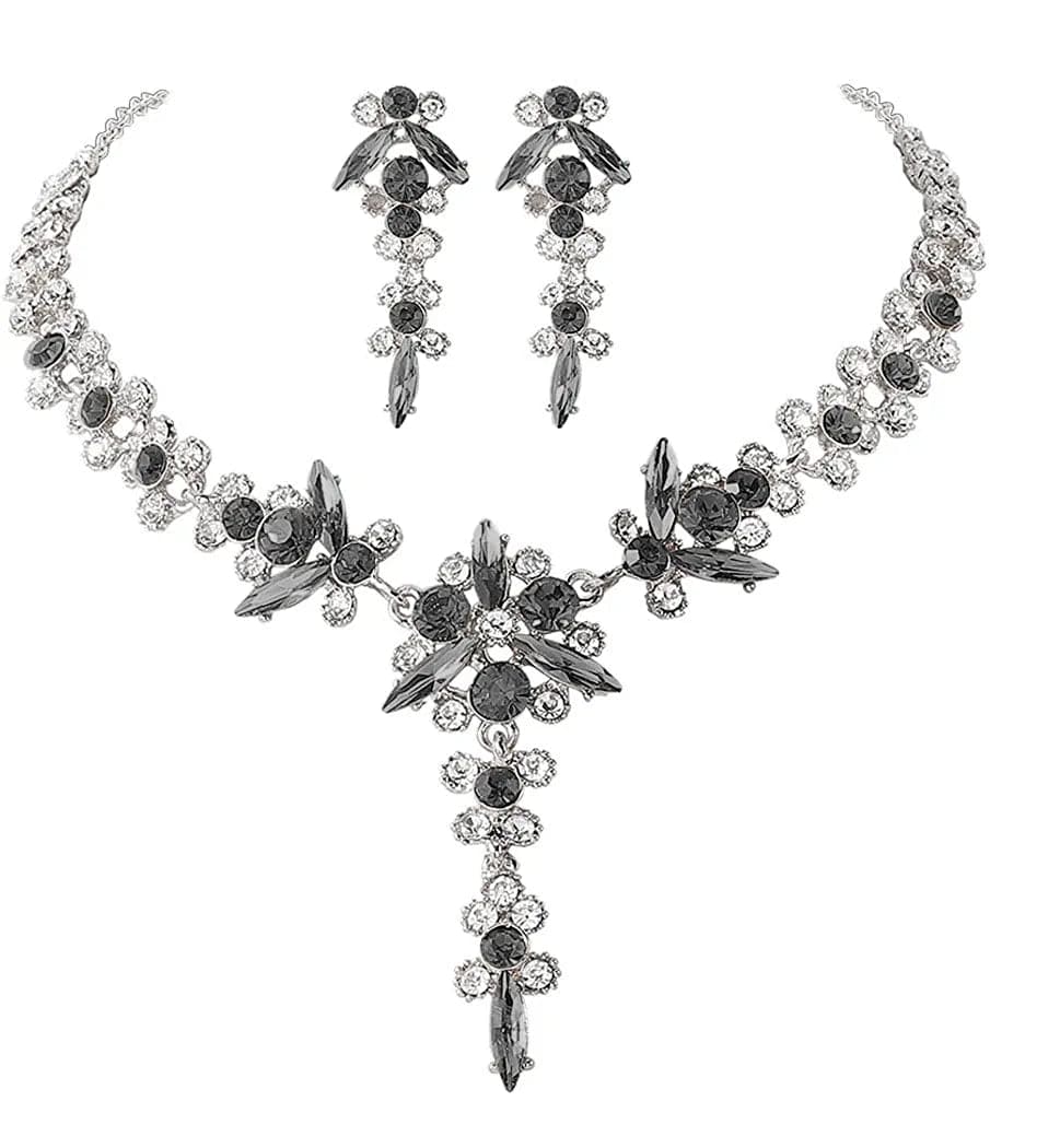 Bride Necklace Earrings Set Crystal Bridal Wedding Jewelry Sets Rhinestone Choker Necklace Prom Costume Jewelry for Women and Girls H- Silver Plated - Grey Black