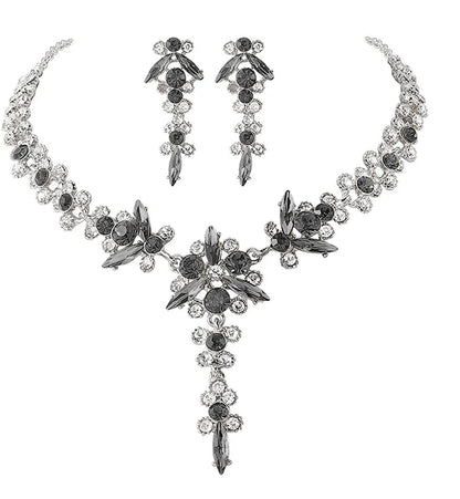 Bride Necklace Earrings Set Crystal Bridal Wedding Jewelry Sets Rhinestone Choker Necklace Prom Costume Jewelry for Women and Girls H- Silver Plated - Grey Black