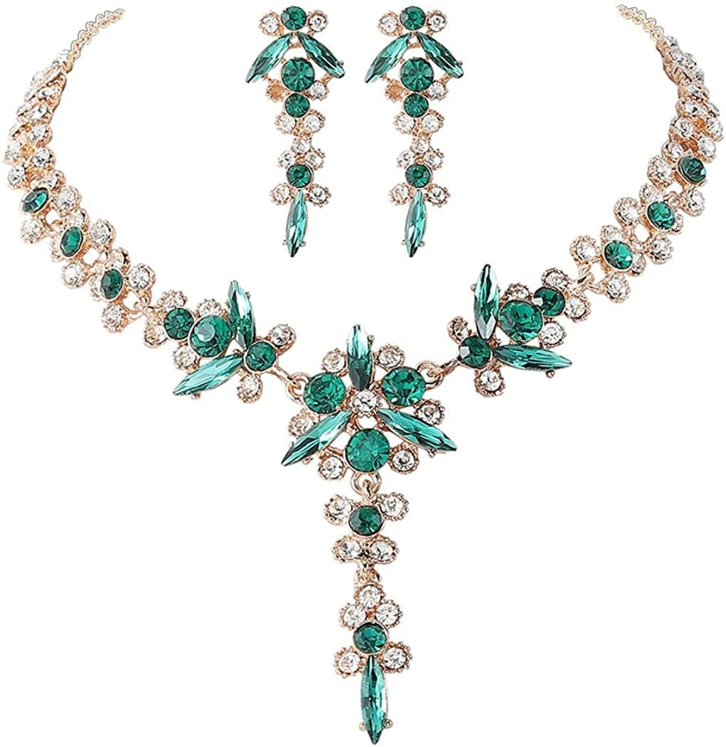 Bride Necklace Earrings Set Crystal Bridal Wedding Jewelry Sets Rhinestone Choker Necklace Prom Costume Jewelry for Women and Girls Green