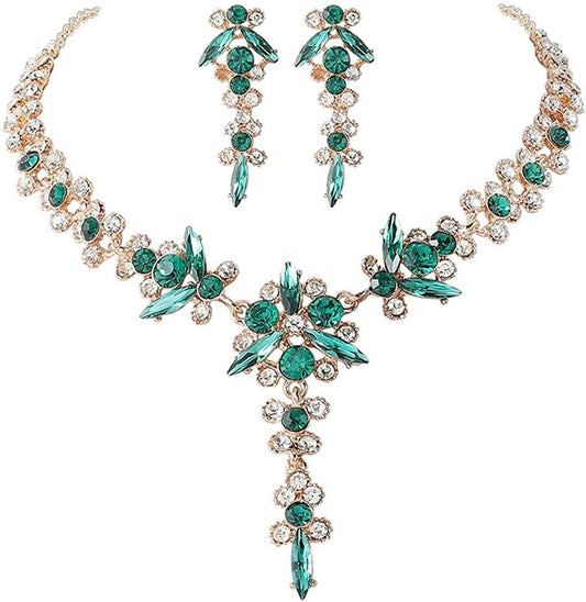 Bride Necklace Earrings Set Crystal Bridal Wedding Jewelry Sets Rhinestone Choker Necklace Prom Costume Jewelry for Women and Girls Green