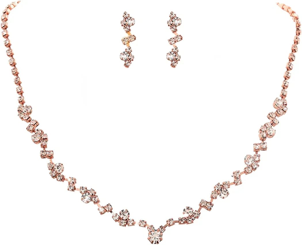 Bride Silver Bridal Necklace Earrings Set Crystal Wedding Jewelry Set Rhinestone Choker Necklace for Women and Girls Rose Gold