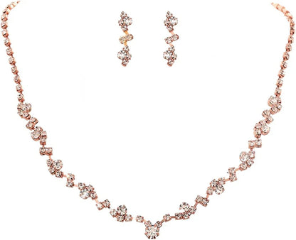 Bride Silver Bridal Necklace Earrings Set Crystal Wedding Jewelry Set Rhinestone Choker Necklace for Women and Girls Rose Gold