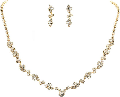 Bride Silver Bridal Necklace Earrings Set Crystal Wedding Jewelry Set Rhinestone Choker Necklace for Women and Girls Gold
