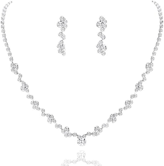 Bride Silver Bridal Necklace Earrings Set Crystal Wedding Jewelry Set Rhinestone Choker Necklace for Women and Girls A-Silver