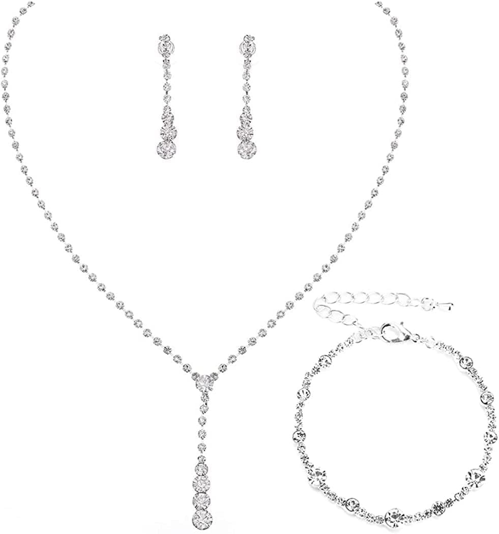 Bride Silver Bridal Necklace Earrings Set Crystal Wedding Jewelry Set Rhinestone Choker Necklace for Women and Girls (3 Piece Set - 2 Earrings and 1 Necklace)(Nk070-2) E 3 Pack Silver Necklace Bracelet Earrings