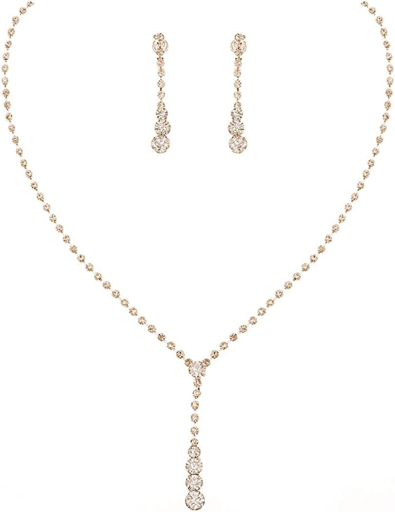 Bride Silver Bridal Necklace Earrings Set Crystal Wedding Jewelry Set Rhinestone Choker Necklace for Women and Girls (3 Piece Set - 2 Earrings and 1 Necklace)(Nk070-2) B Gold