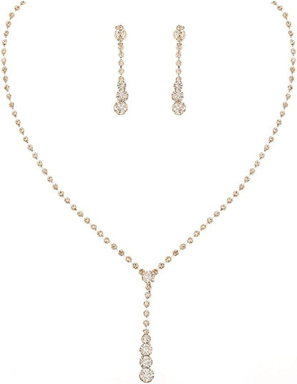 Bride Silver Bridal Necklace Earrings Set Crystal Wedding Jewelry Set Rhinestone Choker Necklace for Women and Girls (3 Piece Set - 2 Earrings and 1 Necklace)(Nk070-2) B Gold