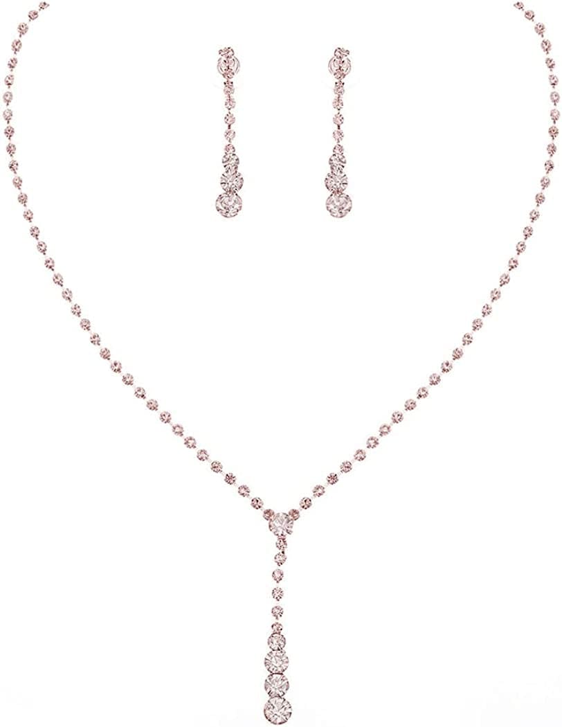 Bride Silver Bridal Necklace Earrings Set Crystal Wedding Jewelry Set Rhinestone Choker Necklace for Women and Girls (3 Piece Set - 2 Earrings and 1 Necklace)(Nk070-2) C Rose Gold