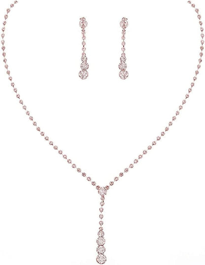 Bride Silver Bridal Necklace Earrings Set Crystal Wedding Jewelry Set Rhinestone Choker Necklace for Women and Girls (3 Piece Set - 2 Earrings and 1 Necklace)(Nk070-2) C Rose Gold