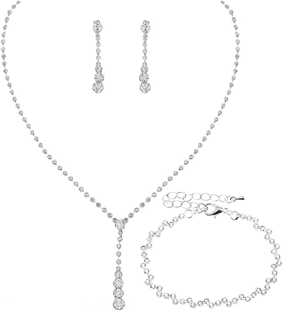 Bride Silver Bridal Necklace Earrings Set Crystal Wedding Jewelry Set Rhinestone Choker Necklace for Women and Girls (3 Piece Set - 2 Earrings and 1 Necklace)(Nk070-2) D 3 Pack Silver Necklace Bracelet Earrings