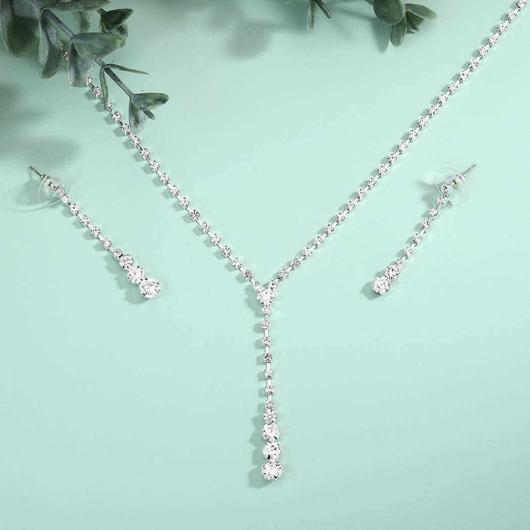 Bride Silver Bridal Necklace Earrings Set Crystal Wedding Jewelry Set Rhinestone Choker Necklace for Women and Girls (3 Piece Set - 2 Earrings and 1 Necklace)(Nk070-2)