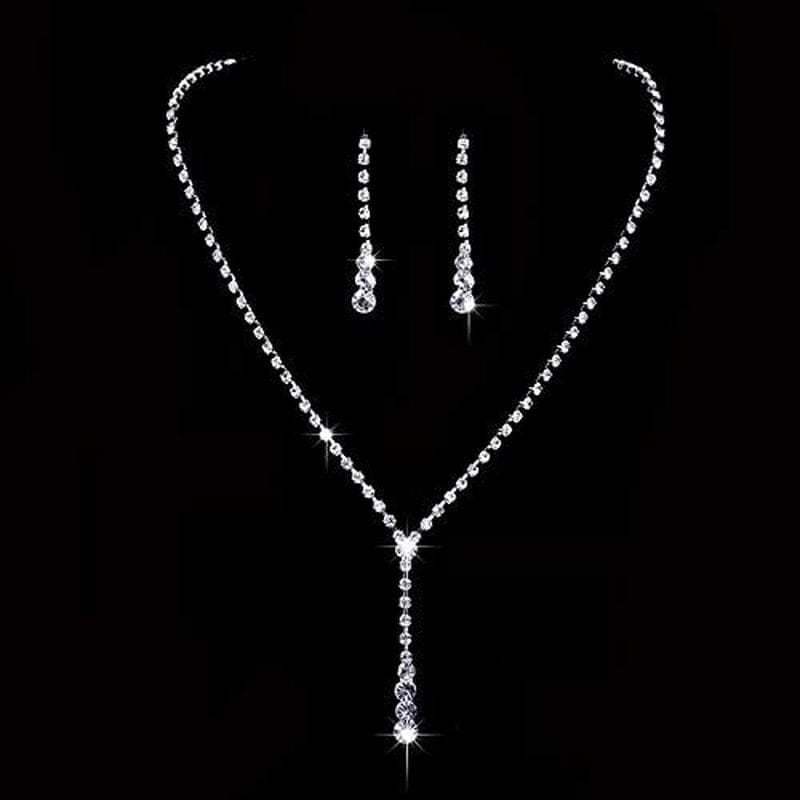 Bride Silver Bridal Necklace Earrings Set Crystal Wedding Jewelry Set Rhinestone Choker Necklace for Women and Girls (3 Piece Set - 2 Earrings and 1 Necklace)(Nk070-2)