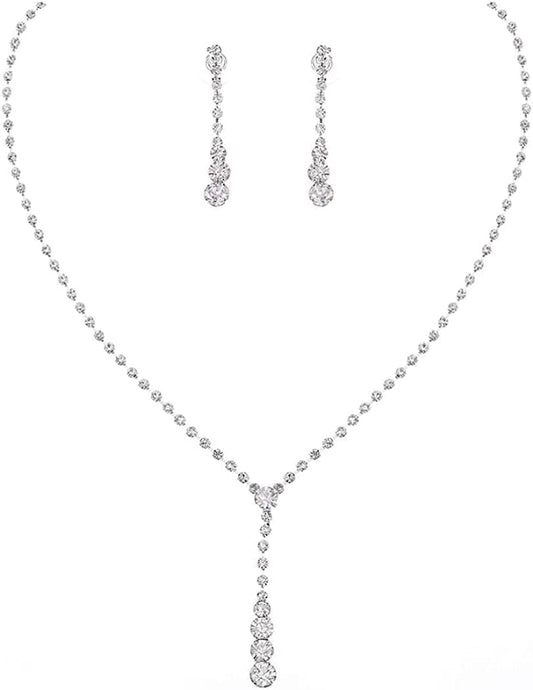 Bride Silver Bridal Necklace Earrings Set Crystal Wedding Jewelry Set Rhinestone Choker Necklace for Women and Girls (3 Piece Set - 2 Earrings and 1 Necklace)(Nk070-2) A Silver