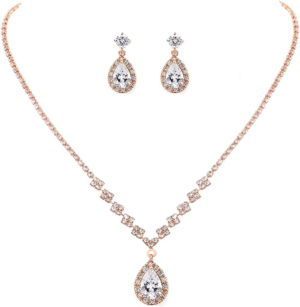Bride Silver Bridal Necklace Earrings Set Crystal Wedding Jewelry Set Rhinestone Choker Necklace for Women and Girls (Set of 3) Set 8