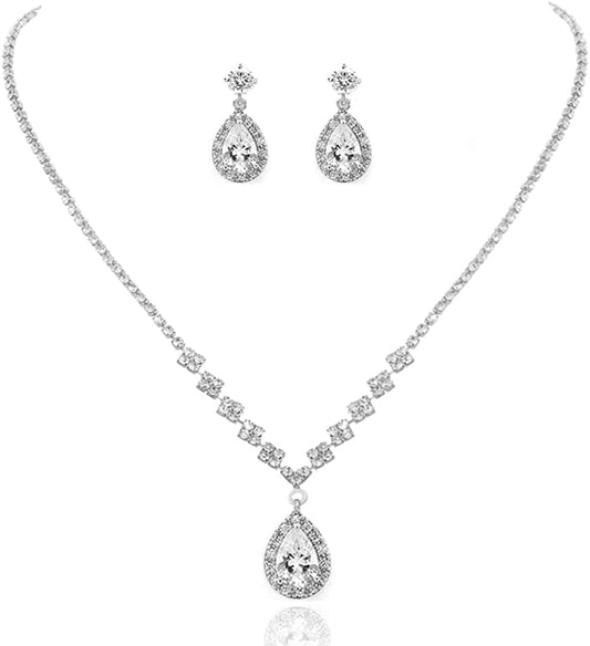 Bride Silver Bridal Necklace Earrings Set Crystal Wedding Jewelry Set Rhinestone Choker Necklace for Women and Girls (Set of 3) Set 2