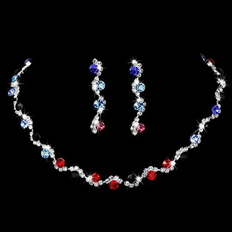 Bride Silver Necklace Earrings Set Crystal Bridal Wedding Jewelry Set Rhinestone Choker Necklace for Women and Girls Multi-colored