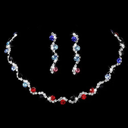 Bride Silver Necklace Earrings Set Crystal Bridal Wedding Jewelry Set Rhinestone Choker Necklace for Women and Girls Multi-colored
