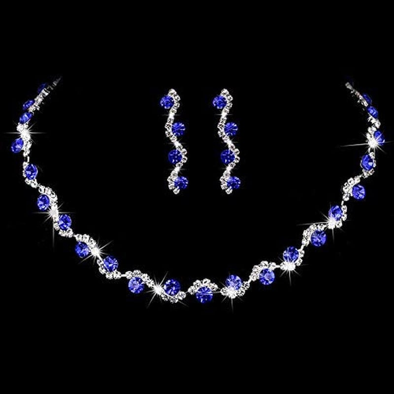 Bride Silver Necklace Earrings Set Crystal Bridal Wedding Jewelry Set Rhinestone Choker Necklace for Women and Girls Blue