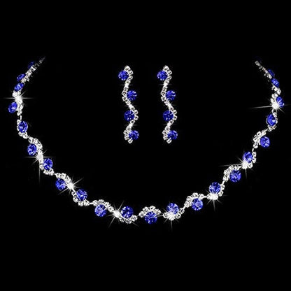 Bride Silver Necklace Earrings Set Crystal Bridal Wedding Jewelry Set Rhinestone Choker Necklace for Women and Girls Blue