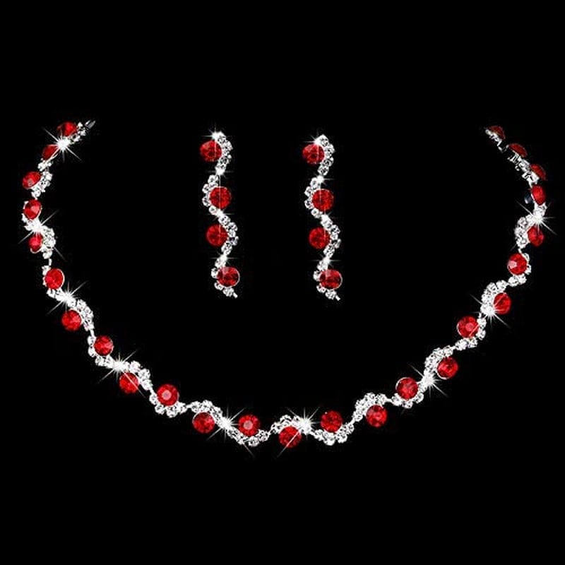 Bride Silver Necklace Earrings Set Crystal Bridal Wedding Jewelry Set Rhinestone Choker Necklace for Women and Girls Red