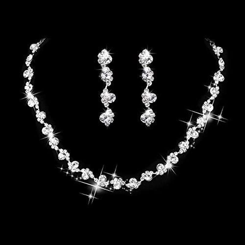 Bride Silver Necklace Earrings Set Crystal Bridal Wedding Jewelry Set Rhinestone Choker Necklace for Women and Girls Silver