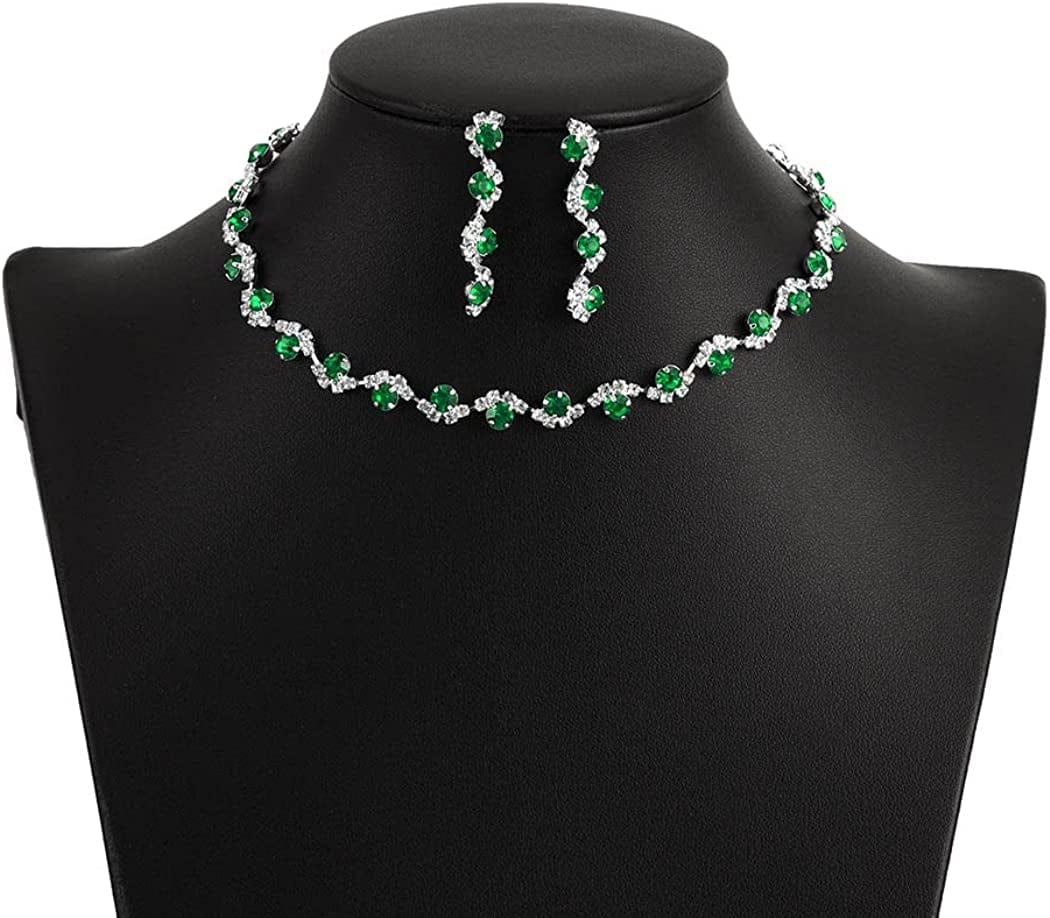 Bride Silver Necklace Earrings Set Crystal Bridal Wedding Jewelry Set Rhinestone Choker Necklace for Women and Girls