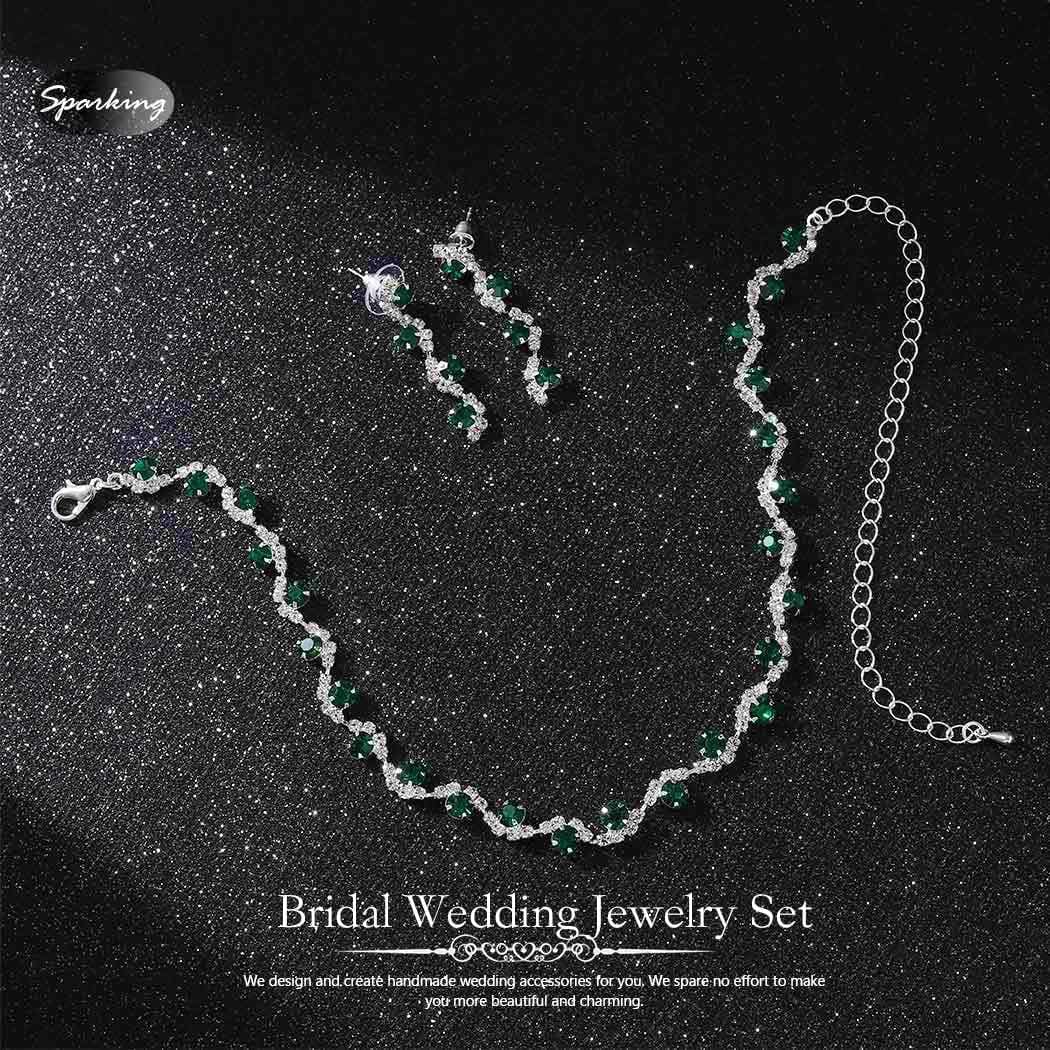 Bride Silver Necklace Earrings Set Crystal Bridal Wedding Jewelry Set Rhinestone Choker Necklace for Women and Girls
