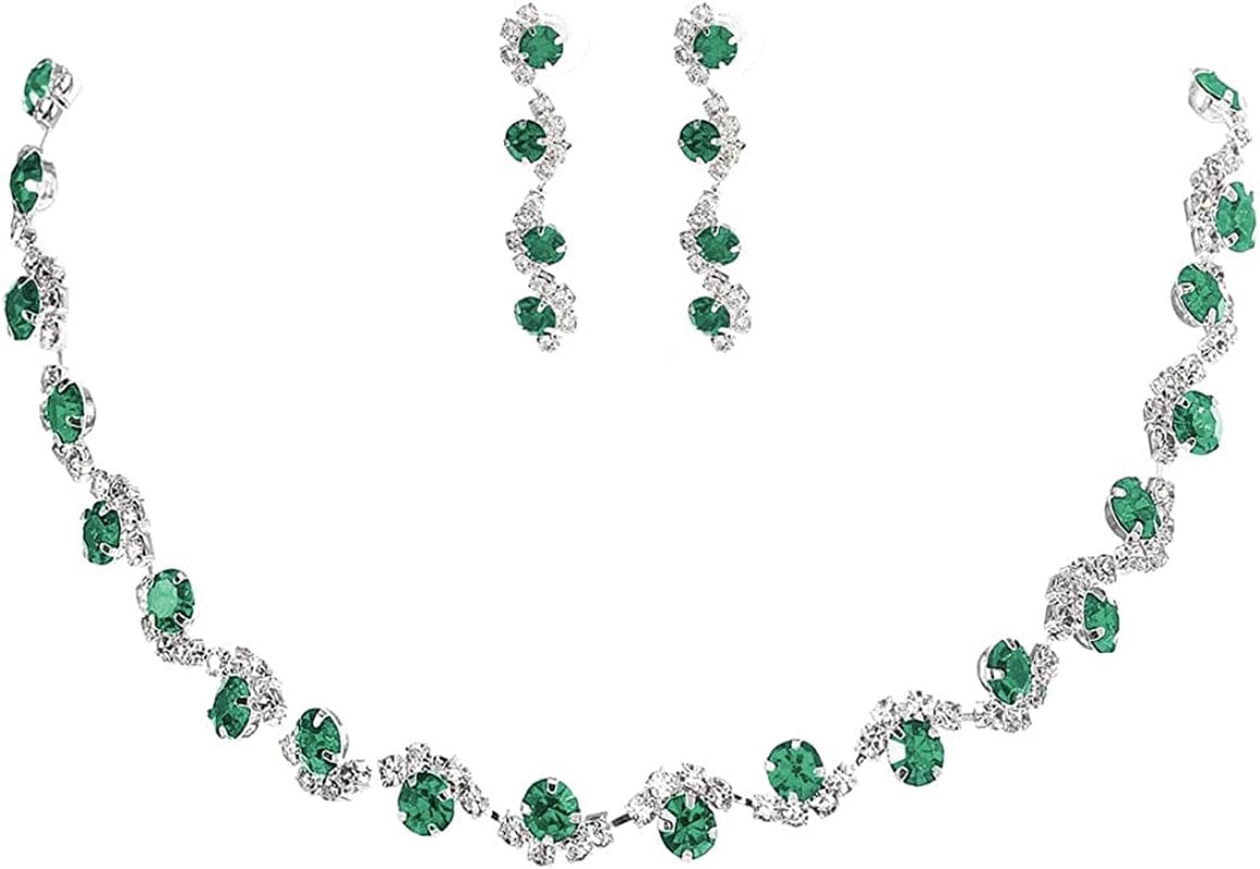 Bride Silver Necklace Earrings Set Crystal Bridal Wedding Jewelry Set Rhinestone Choker Necklace for Women and Girls Green